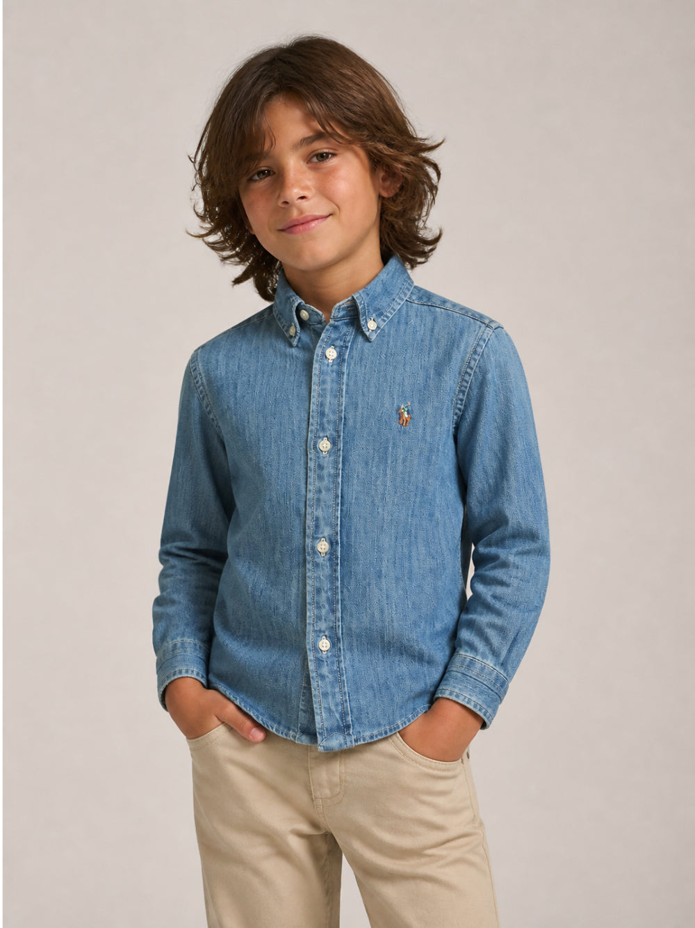 Camicia in jeans con logo Ralph Lauren cucito frontale