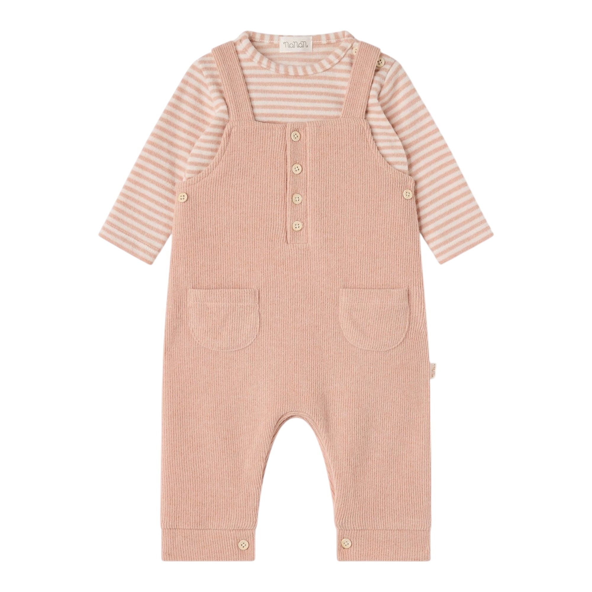 Completo 2 pezzi rosa con t-shirt rigata e salopette Nanan