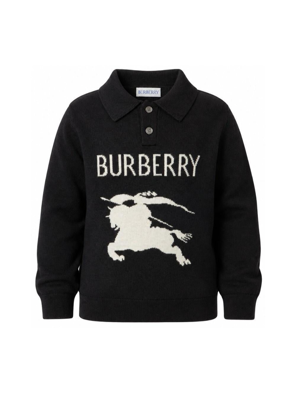 Polo in filo di cotone nero con logo Burberry frontale
