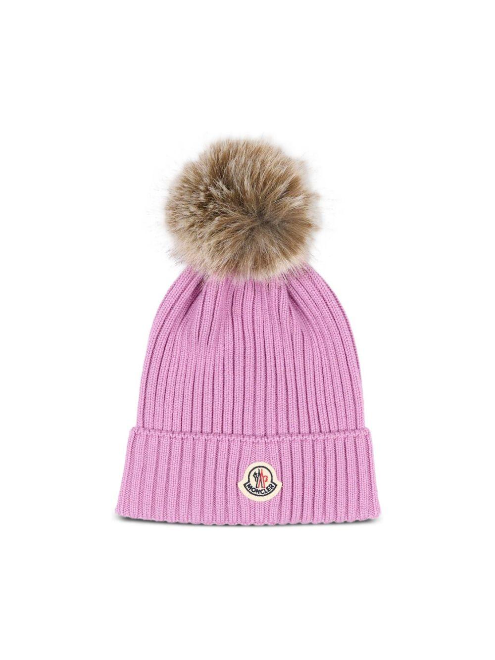 Cappello lilla con pompom e patch logo Moncler