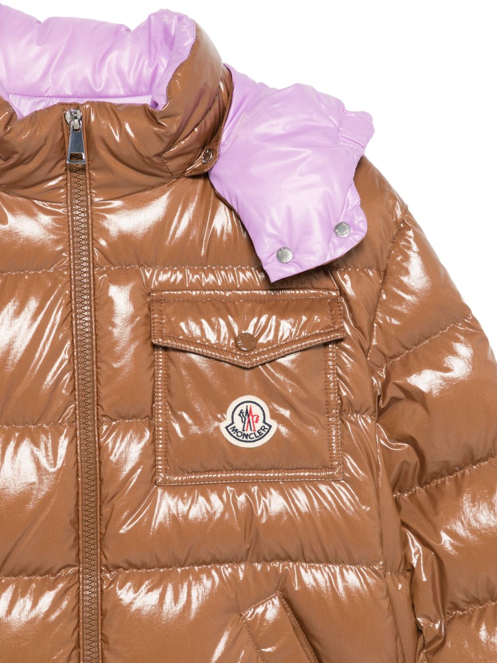 Giubbino New Andro marrone con dettaglio lilla e patch Moncler