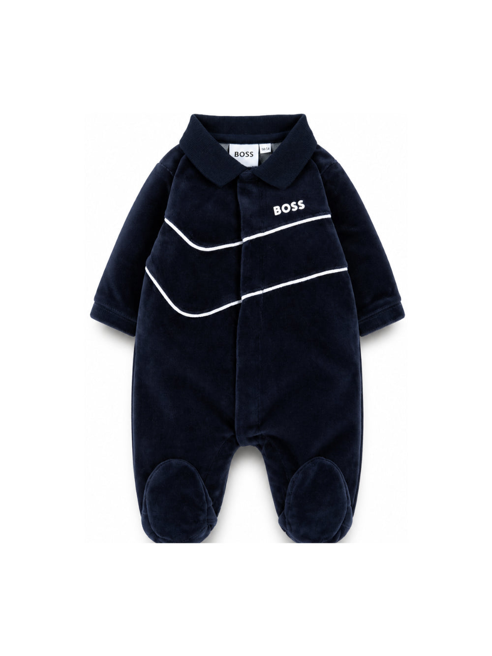 Tutina in ciniglia blu con logo Boss stampato frontale
