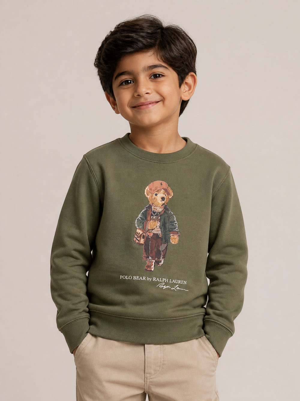 Felpa in cotone verde con stampa logo Ralph Lauren frontale