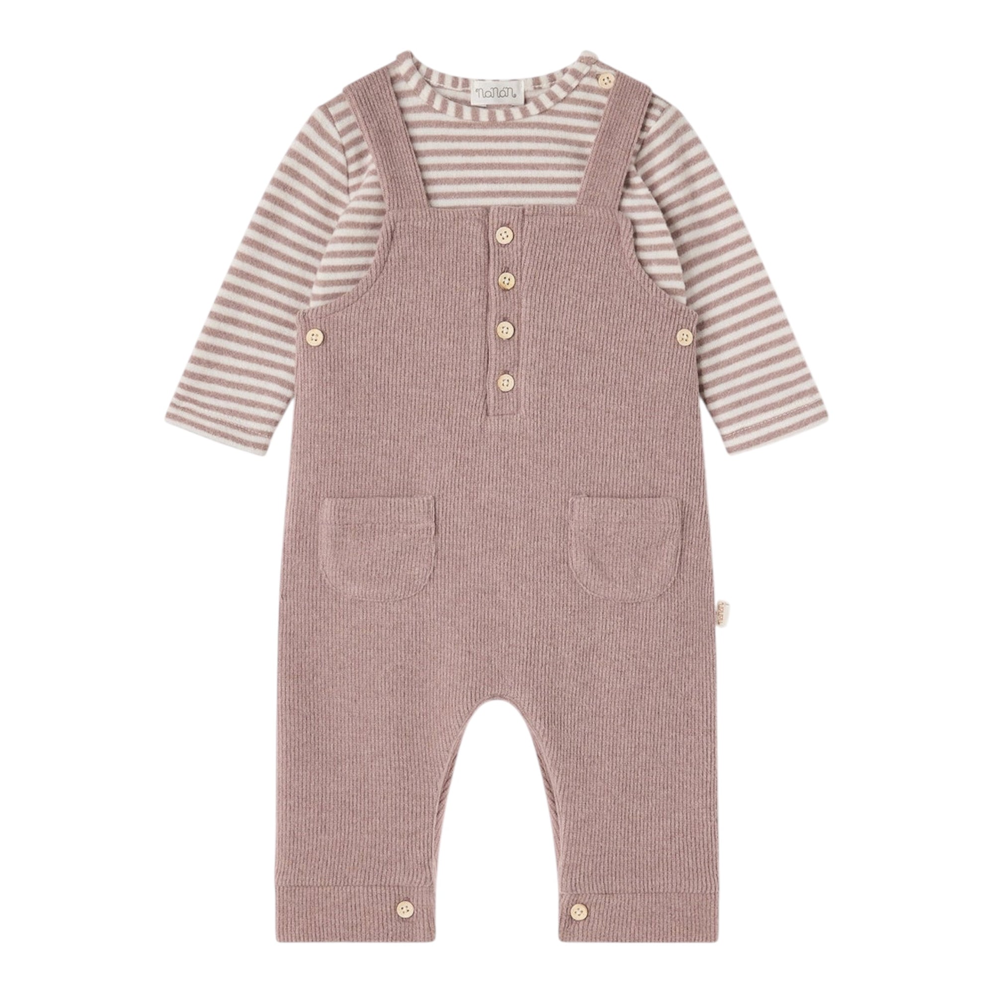 Completo 2 pezzi beige con t-shirt rigata e salopette Nanan