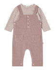 Completo 2 pezzi beige con t-shirt rigata e salopette Nanan