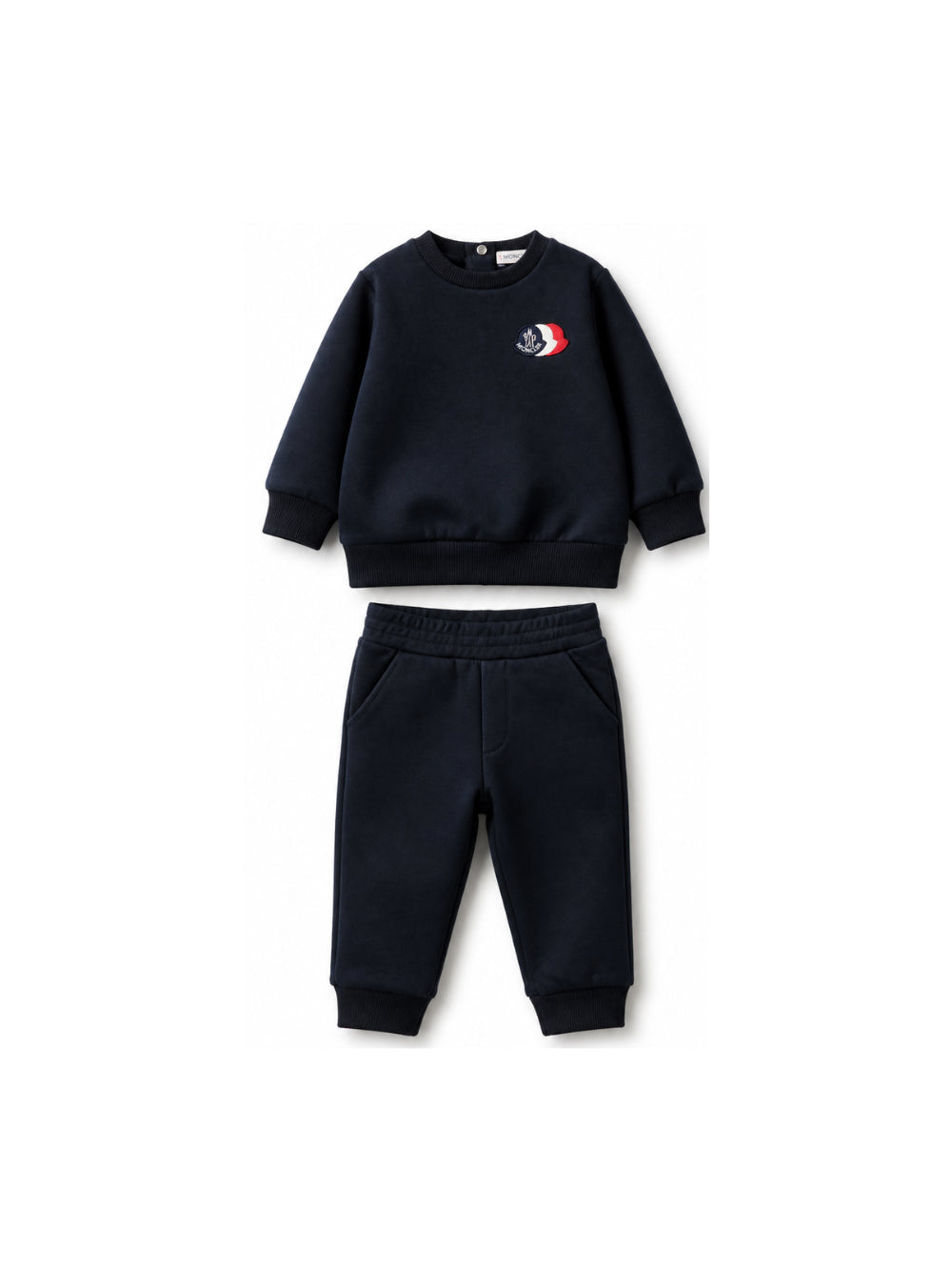 Completo felpa e pantalone blu con patch logo Moncler