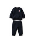 Completo felpa e pantalone blu con patch logo Moncler
