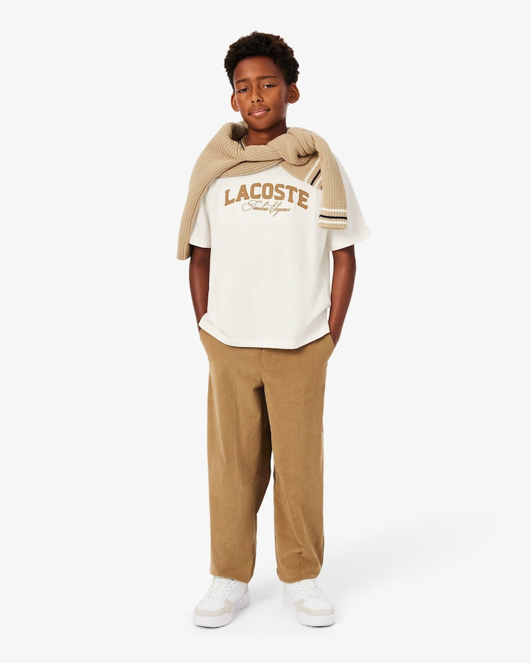 Maglione beige ad intarsio con patch logo Lacoste
