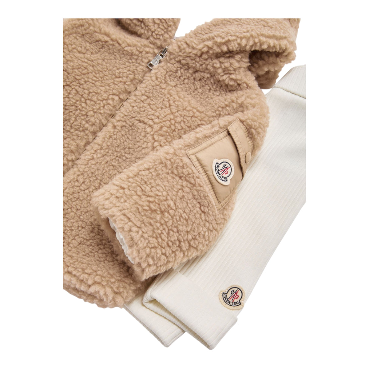 Completo felpa teddy e pantalone bianco con patch logo Moncler
