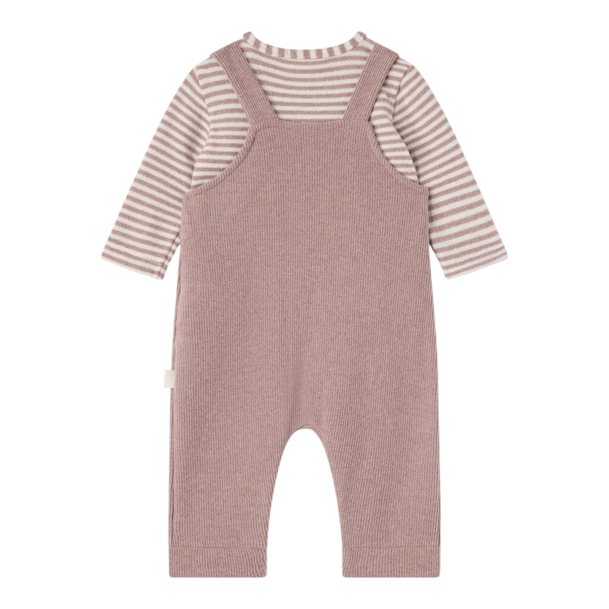 Completo 2 pezzi beige con t-shirt rigata e salopette Nanan