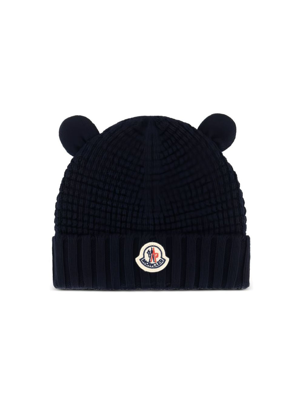 Cappello blu con orecchie e patch cucito Moncler