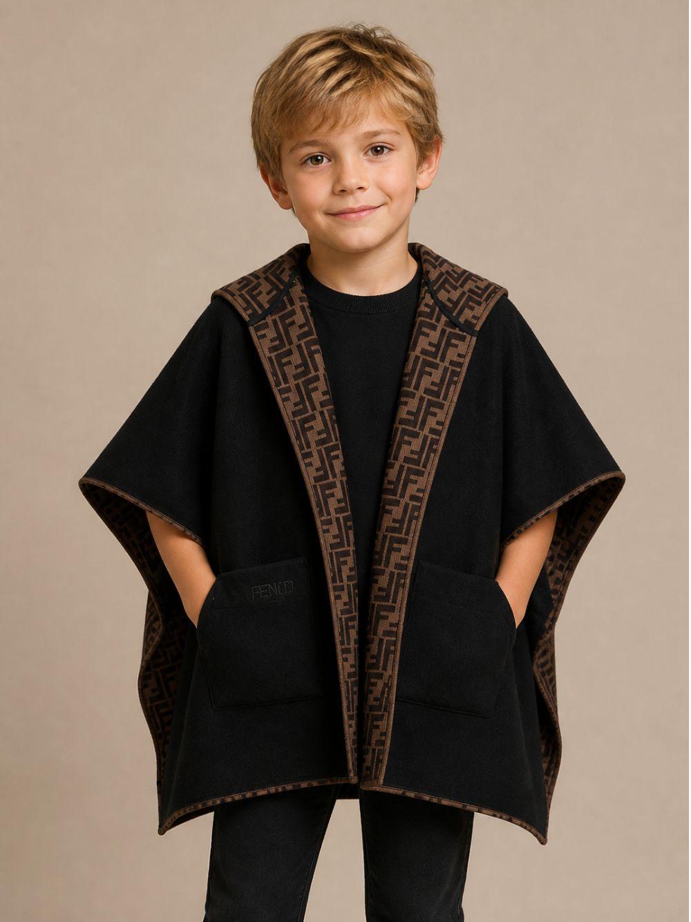 Mantella reversibile nera e marrone con logo a intarsio FF Fendi