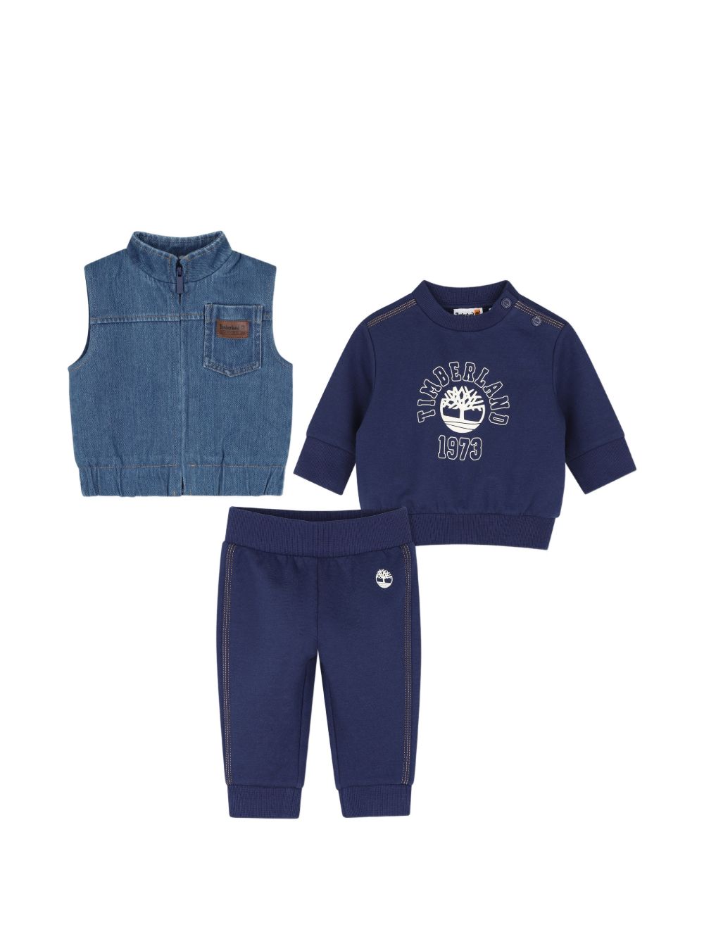 Smanicato, felpa e pantalone blu con stampa logo Timberland