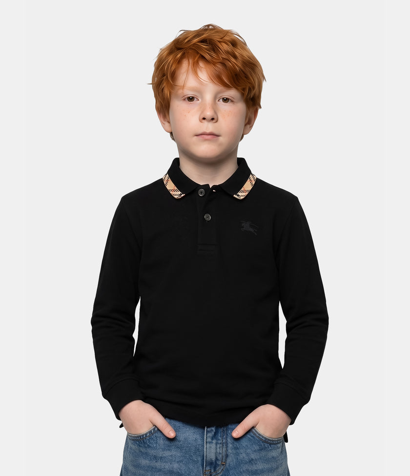 Polo nera manica lunga con dettagli logo Burberry