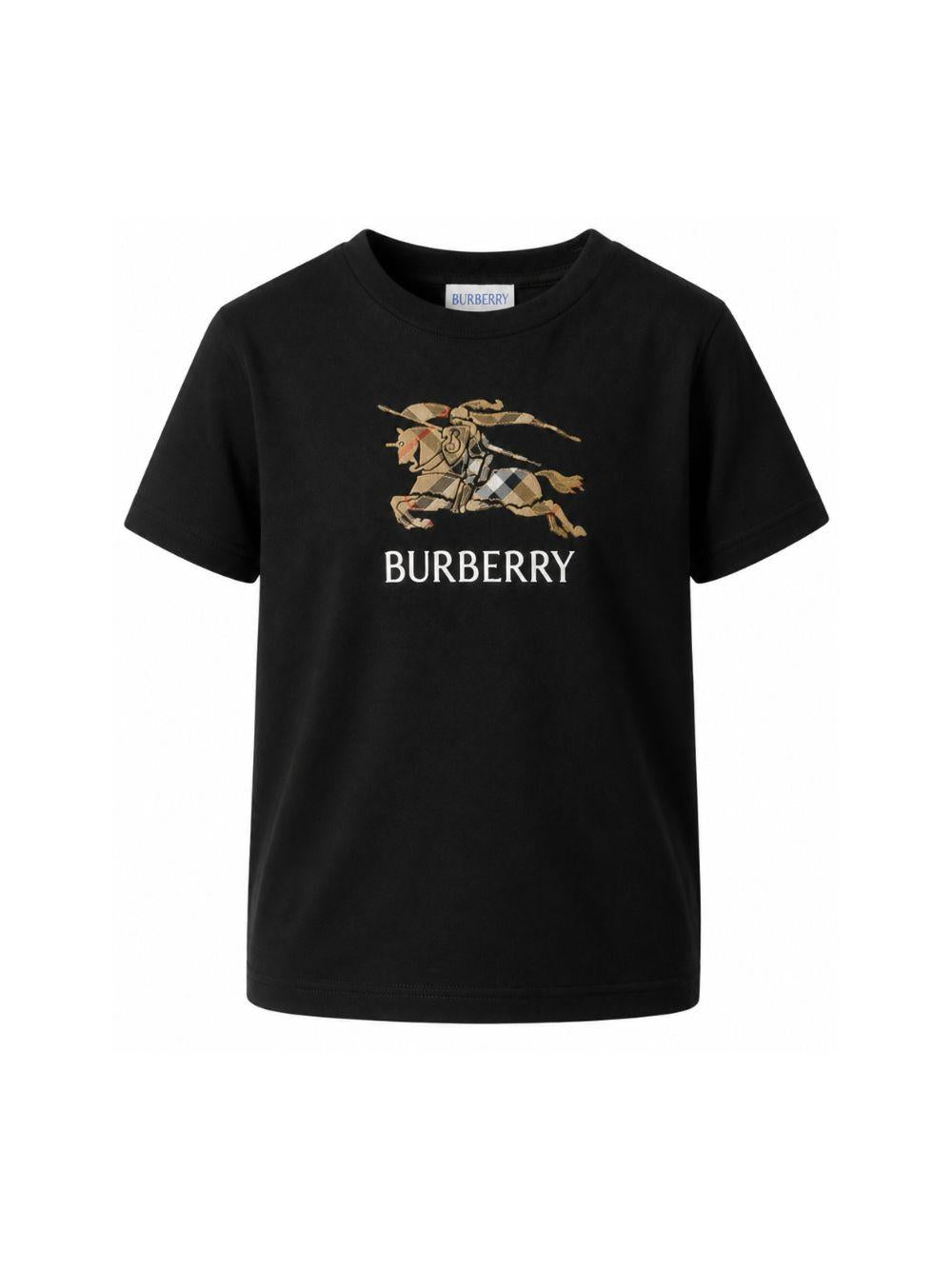T-shirt nera con patch logo Burberry frontale