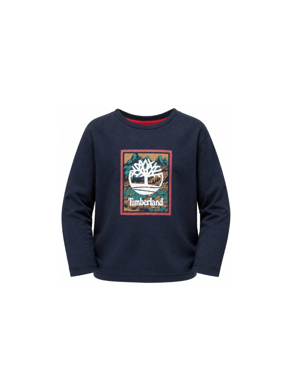 T-shirt blu manica lunga con stampa logo Timberland frontale