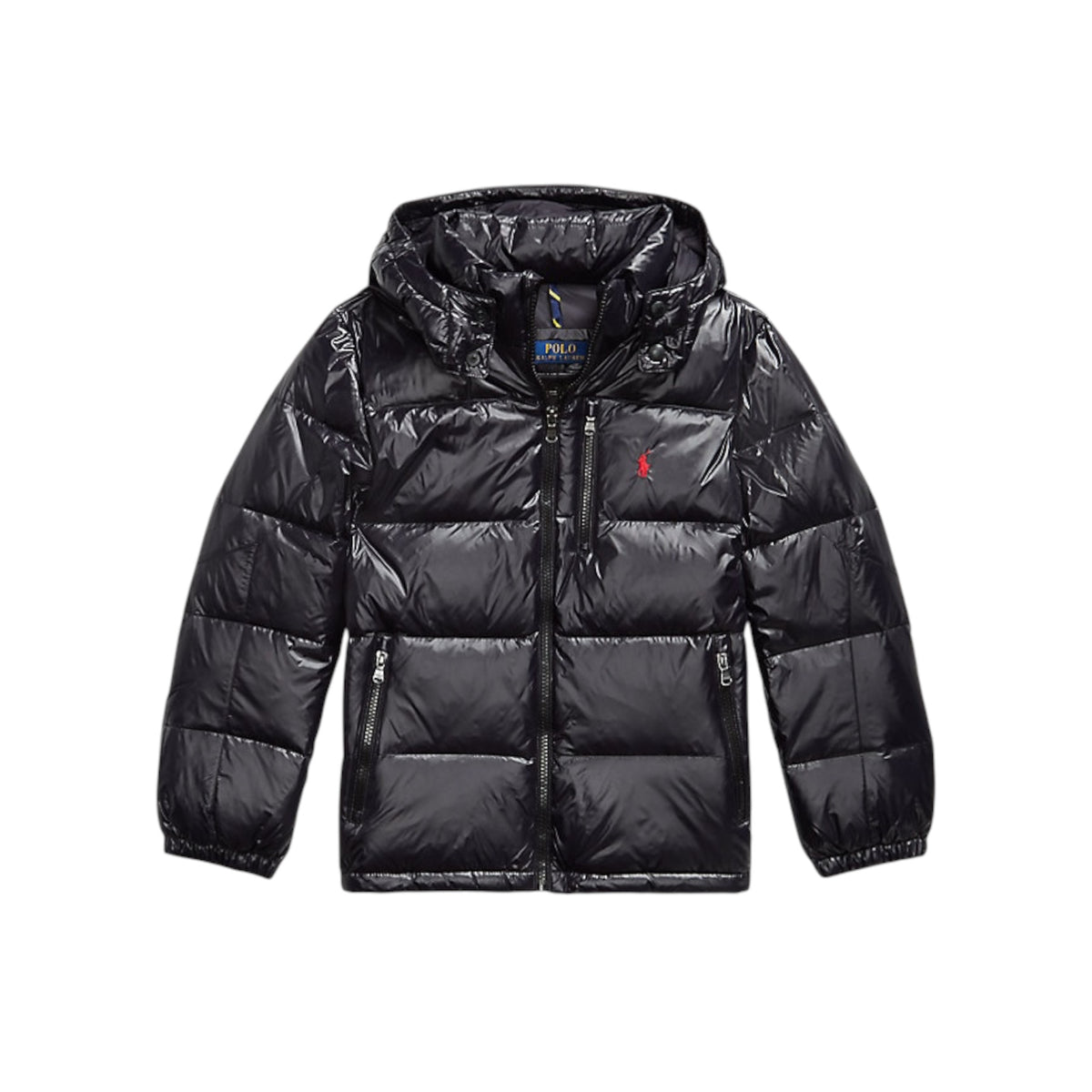 Giubbino nero lucido con logo Ralph Lauren cucito frontale a contrasto
