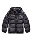 Giubbino nero lucido con logo Ralph Lauren cucito frontale a contrasto