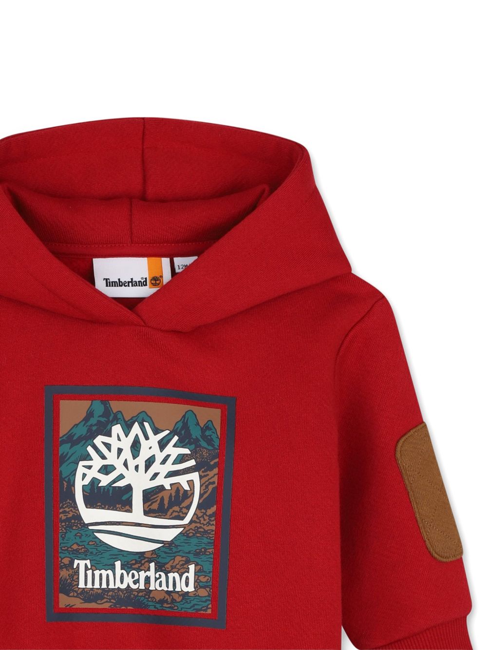 Felpa rossa con cappuccio baby e stampa logo Timberland frontale