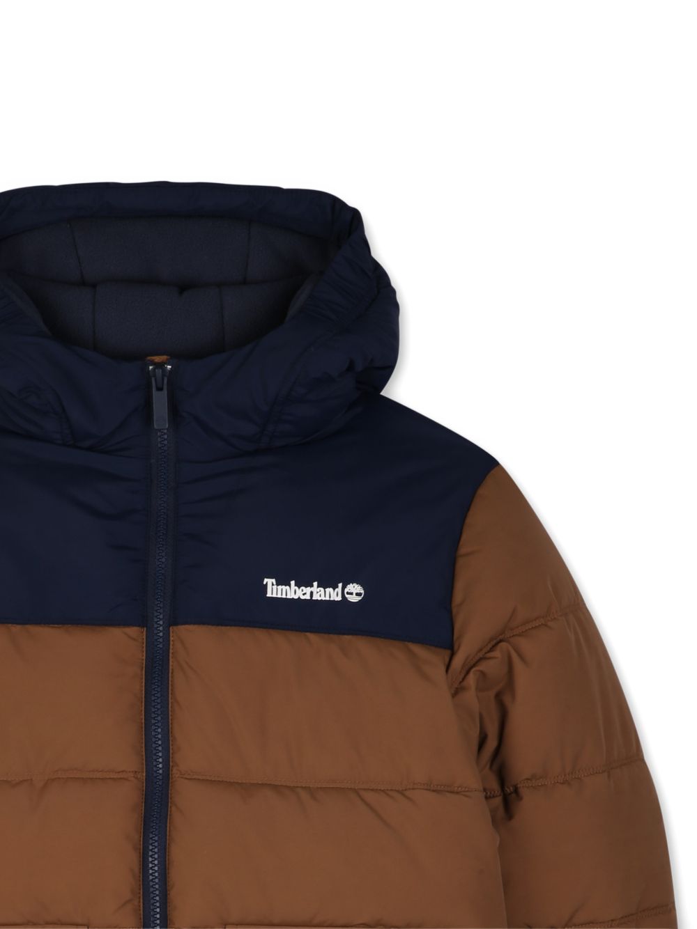 Giubbino marrone e blu con stampa logo Timberland frontale