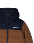 Giubbino marrone e blu con stampa logo Timberland frontale