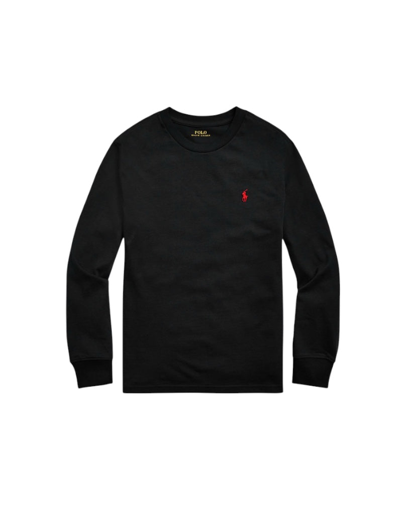 T-shirt nera manica lunga con logo Ralph Lauren cucito rosso