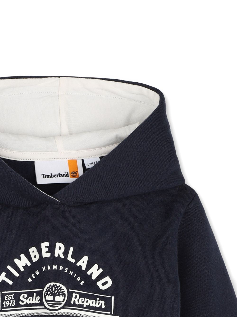 Felpa blu con cappuccio baby e stampa logo Timberland frontale