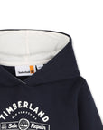 Felpa blu con cappuccio baby e stampa logo Timberland frontale