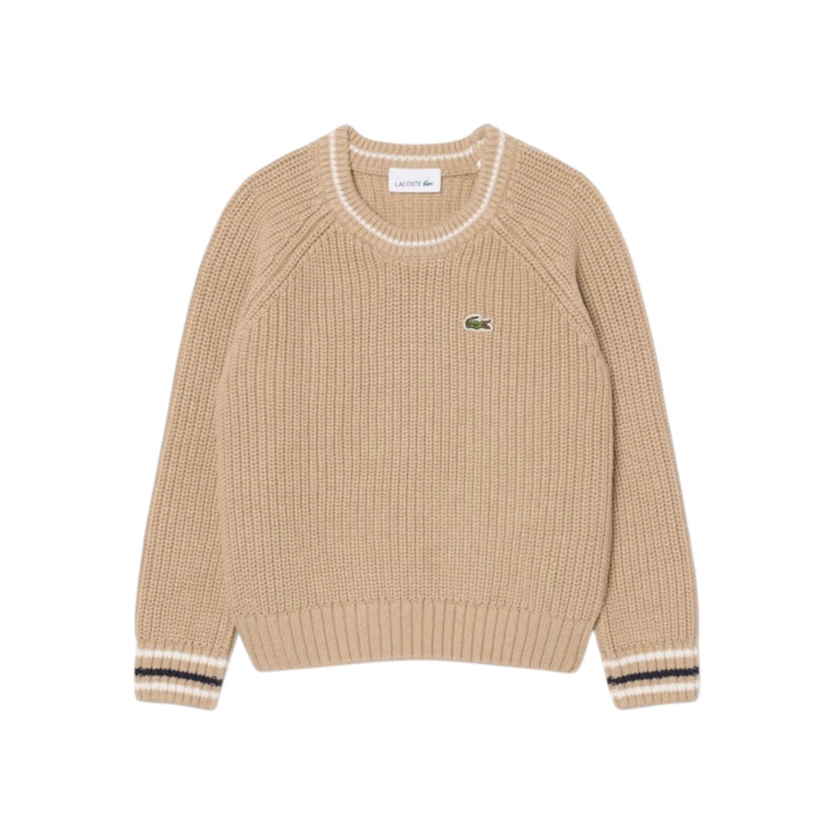 Maglione beige ad intarsio con patch logo Lacoste