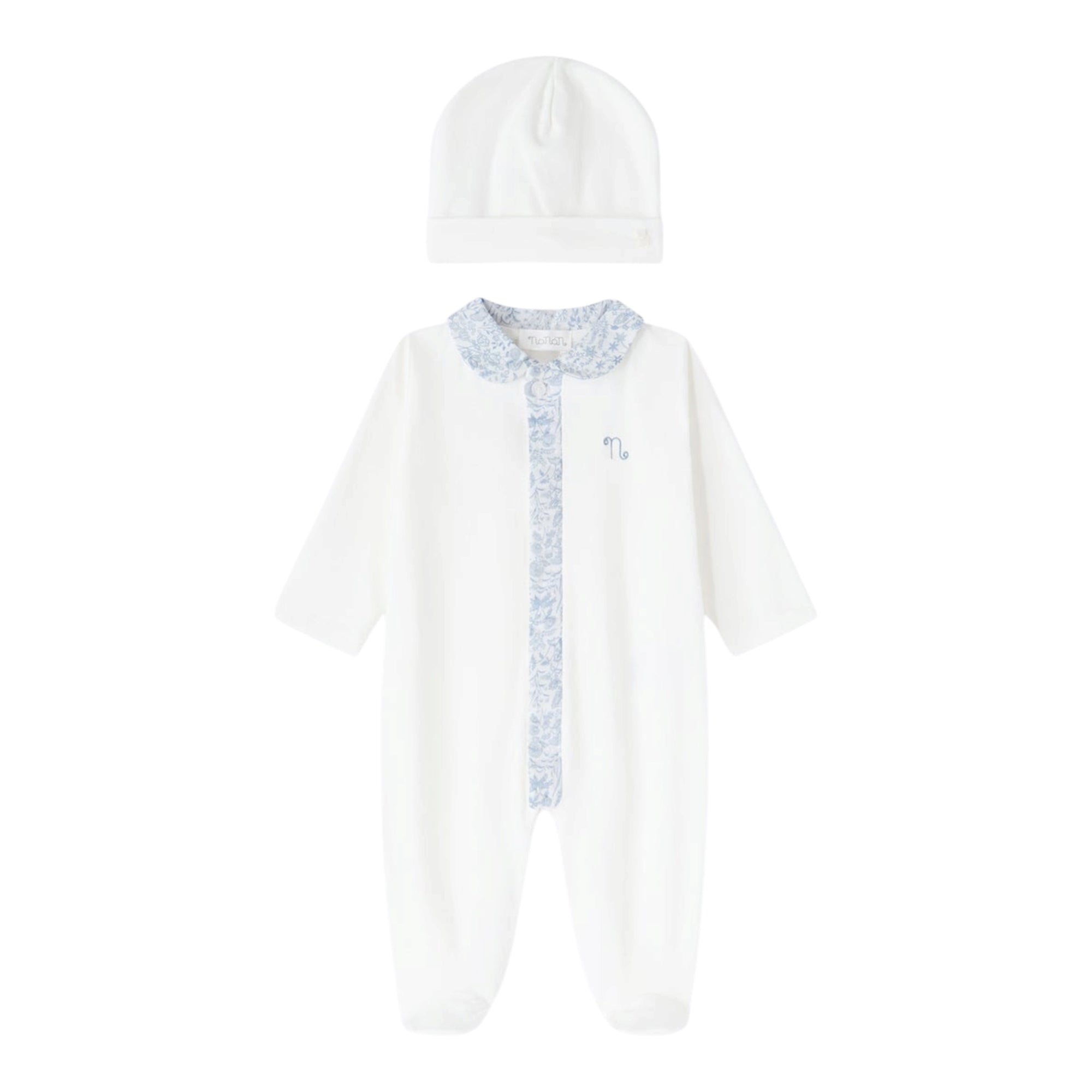 Tutina e cappello bianco in jersey e tessuto Liberty azzurro Nanan
