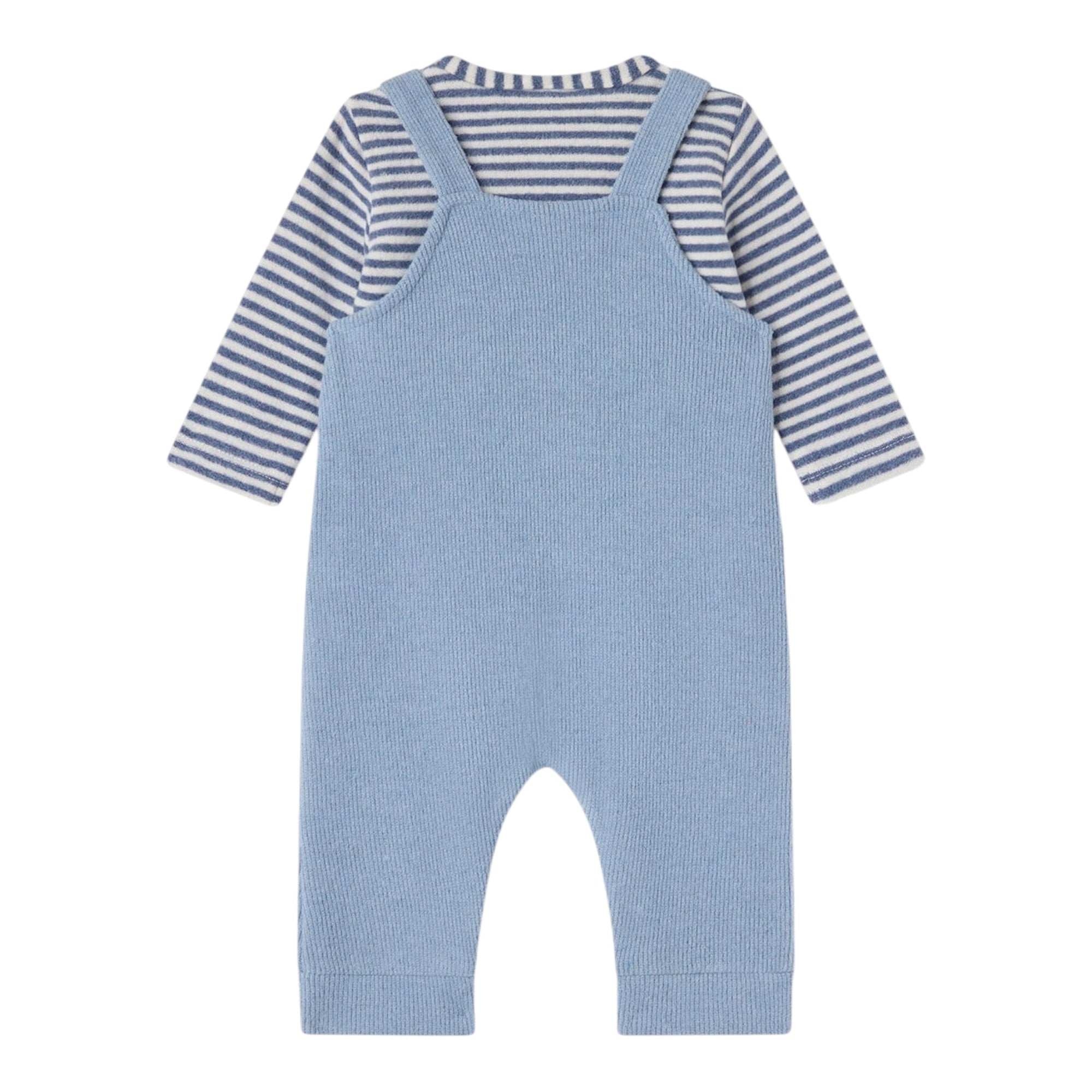 Completo 2 pezzi azzurro con t-shirt rigata e salopette Nanan