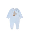 Tutina in ciniglia azzurro con patch orsetto con palloncini e logo Nanan frontale