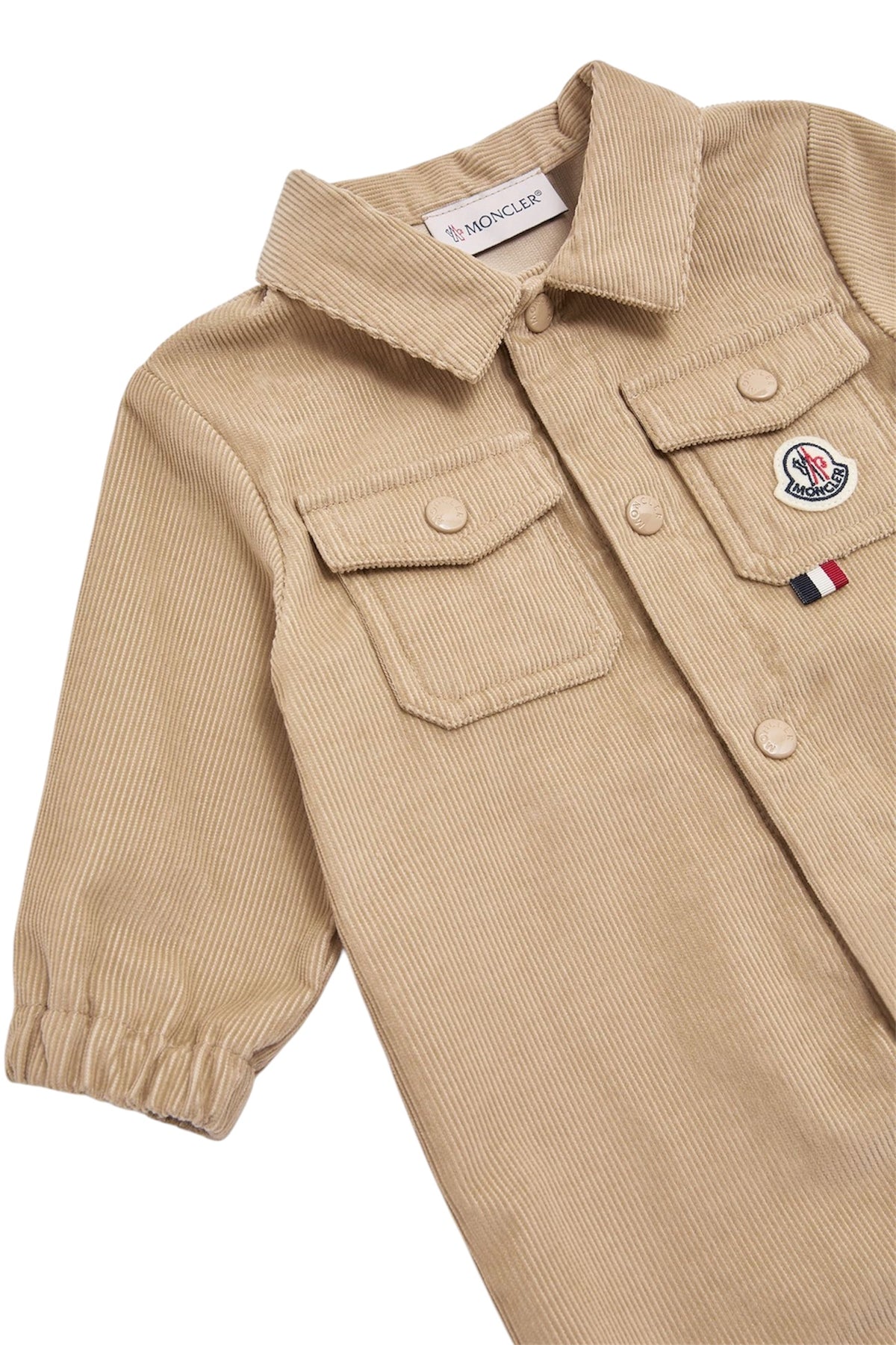 Tutina in velluto beige con dettaglio logo Moncler cucito frontale