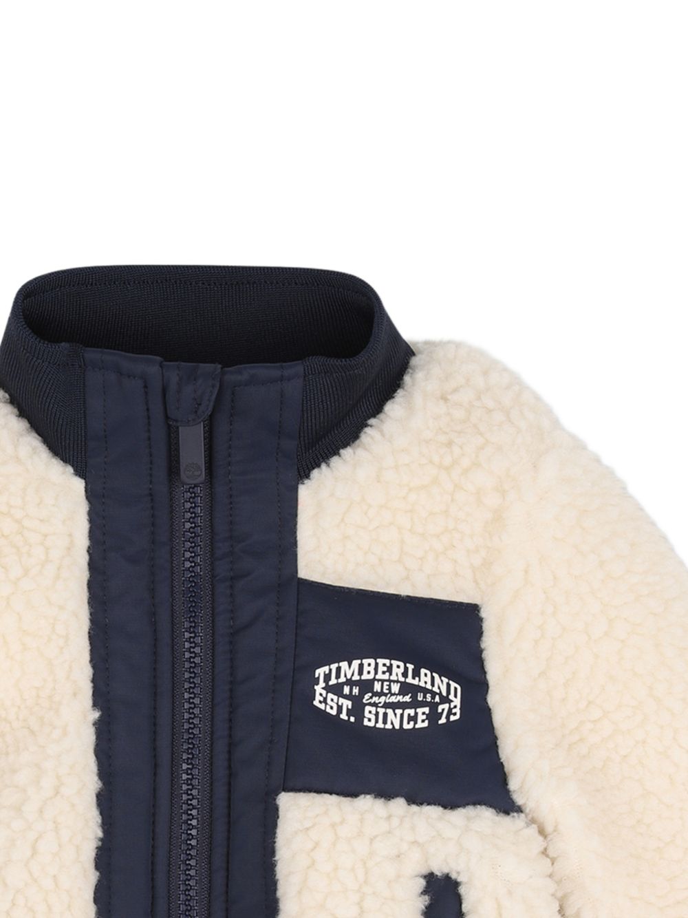 Felpa teddy panna con dettagli blu e logo stampa logo Timberland frontale