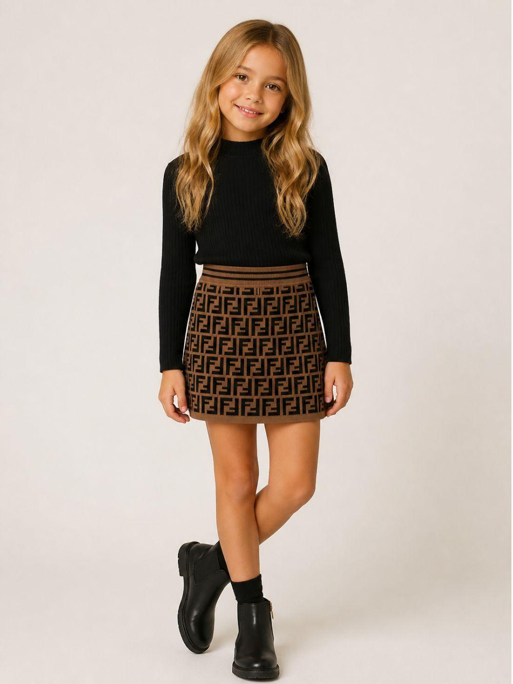 Gonna in maglia marrone con logo FF Fendi a contrasto
