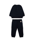 Completo felpa e pantalone blu con patch logo Moncler