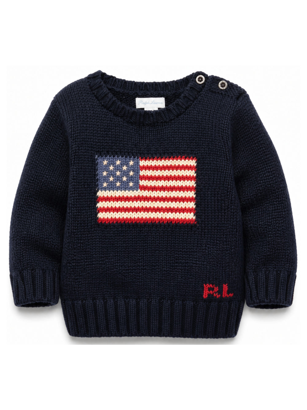 Maglione blu baby con logo Ralph Lauren e bandiera americana frontale