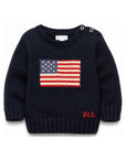 Maglione blu baby con logo Ralph Lauren e bandiera americana frontale