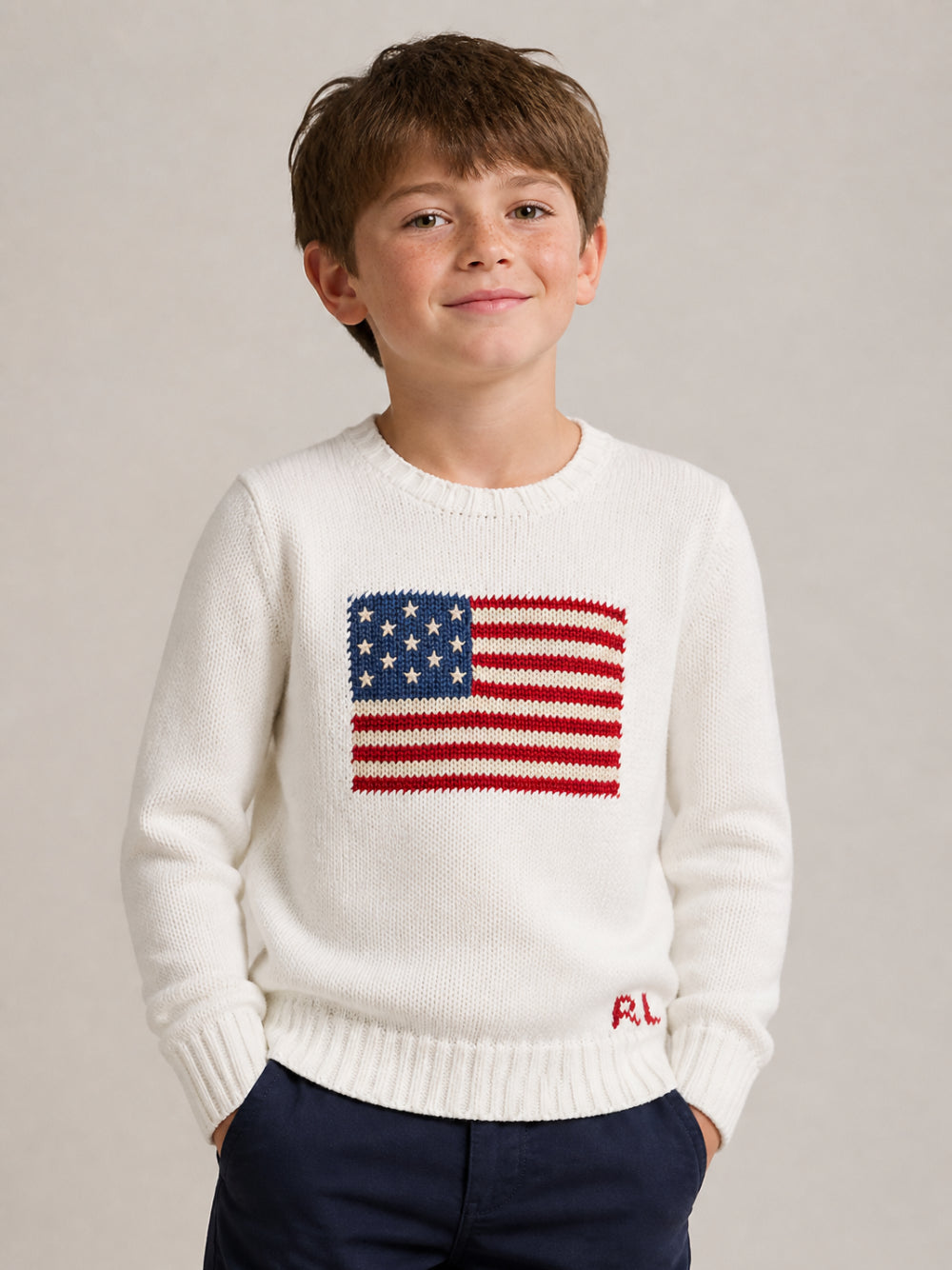 Maglione bianco con logo Ralph Lauren e bandiera americana frontale