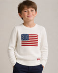 Maglione bianco con logo Ralph Lauren e bandiera americana frontale