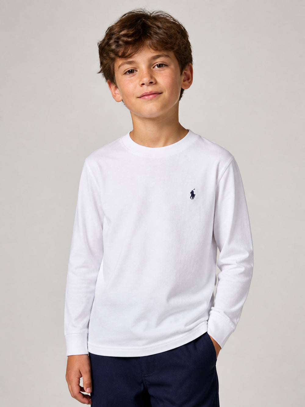 T-shirt bianca manica lunga con logo Ralph Lauren cucito blu