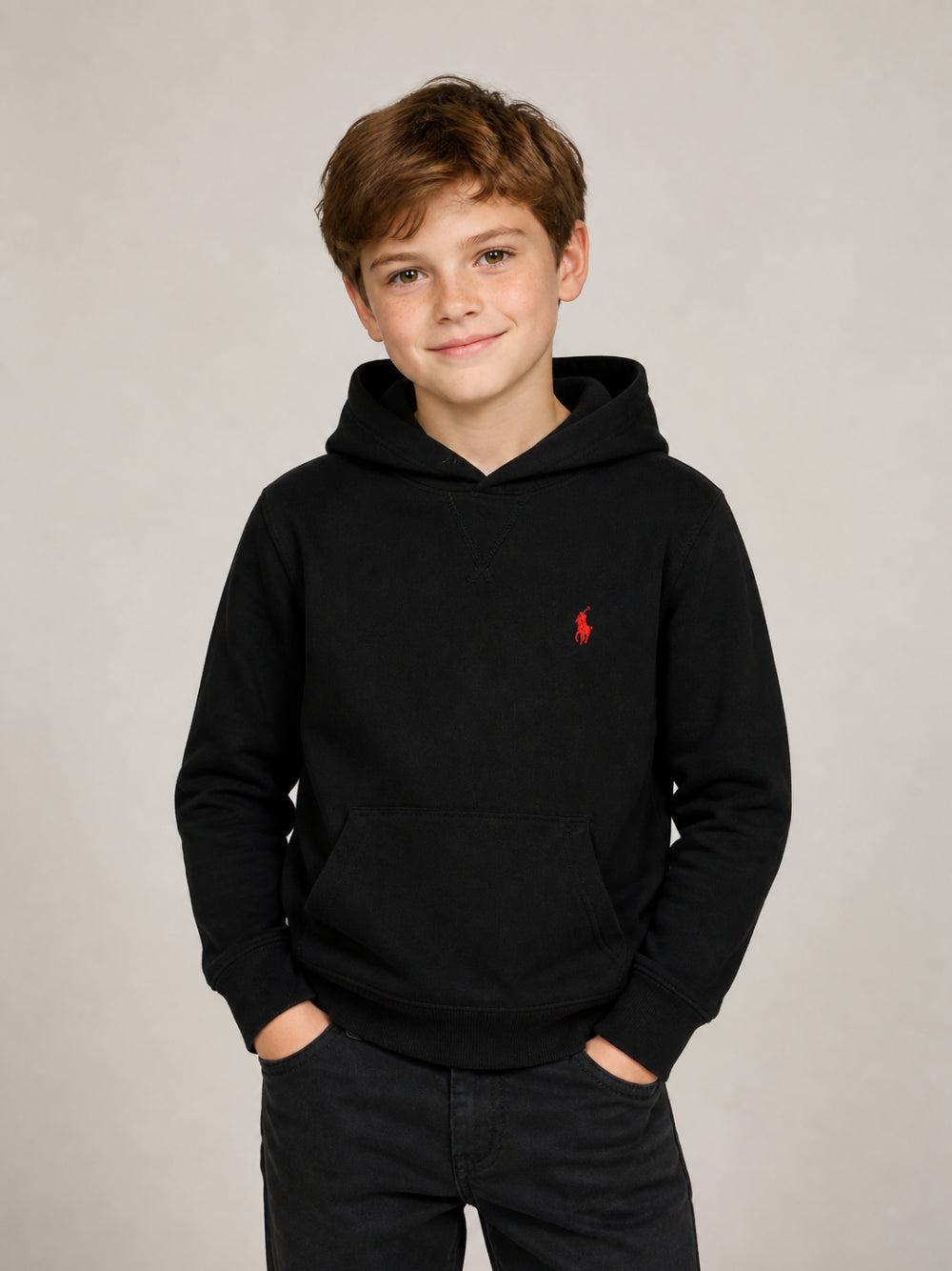 Felpa con cappuccio nera e logo Ralph Lauren a contrasto