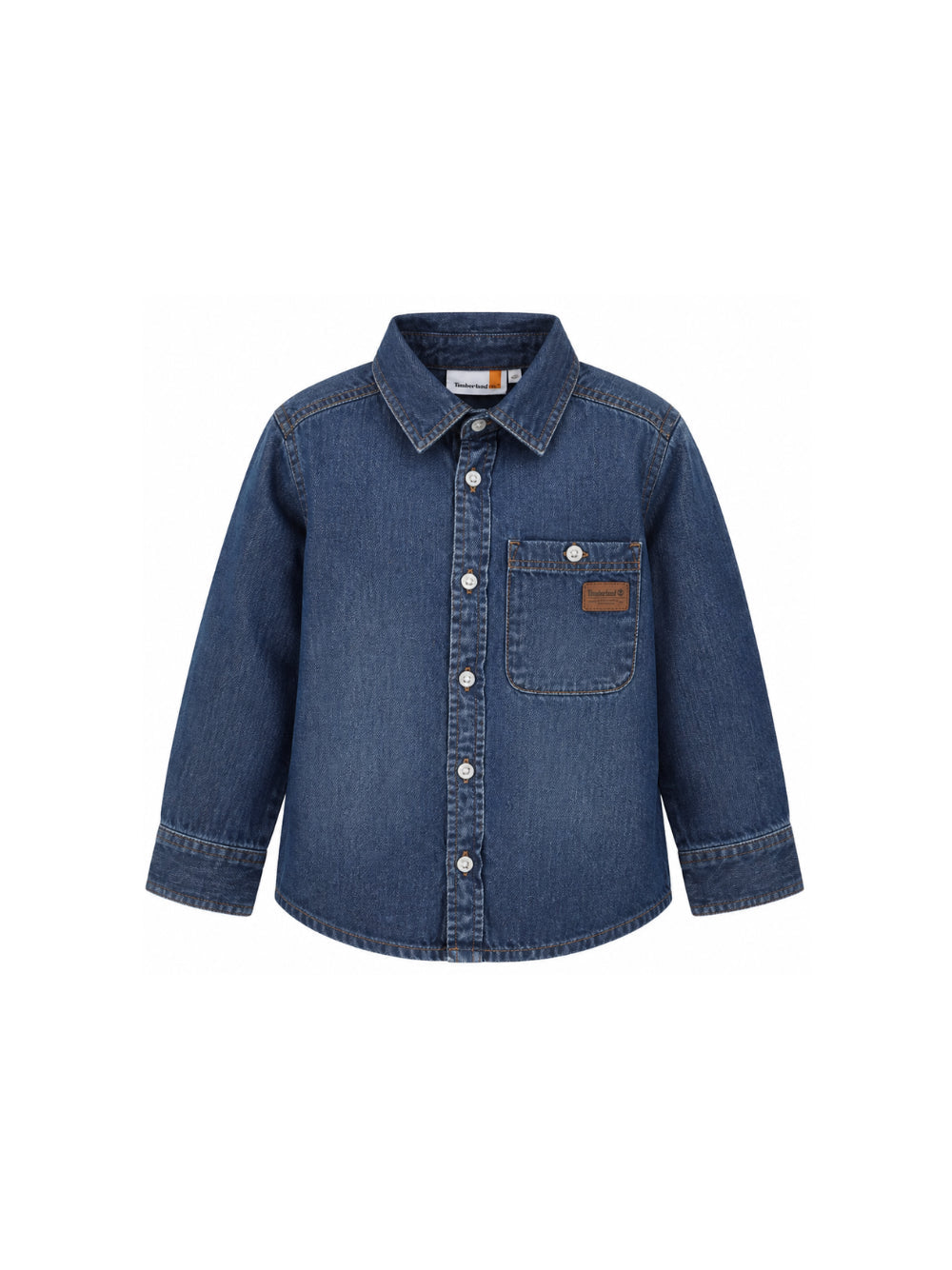 Camicia in jeans blu con patch logo Timberland cucito frontale