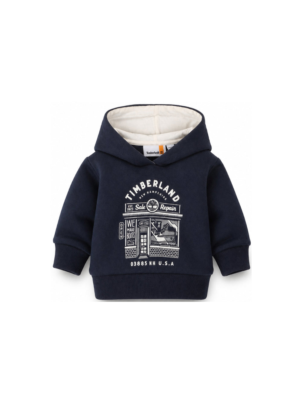 Felpa blu con cappuccio baby e stampa logo Timberland frontale