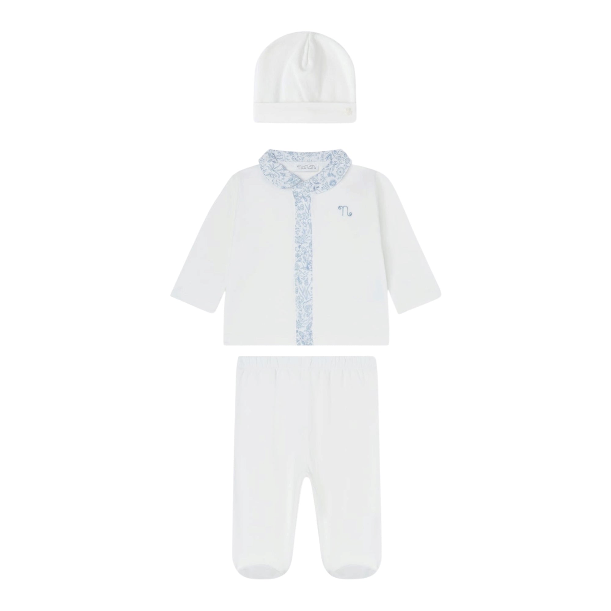 Tutina 2 pezzi e cappello bianco in jersey e tessuto Liberty azzurro Nanan