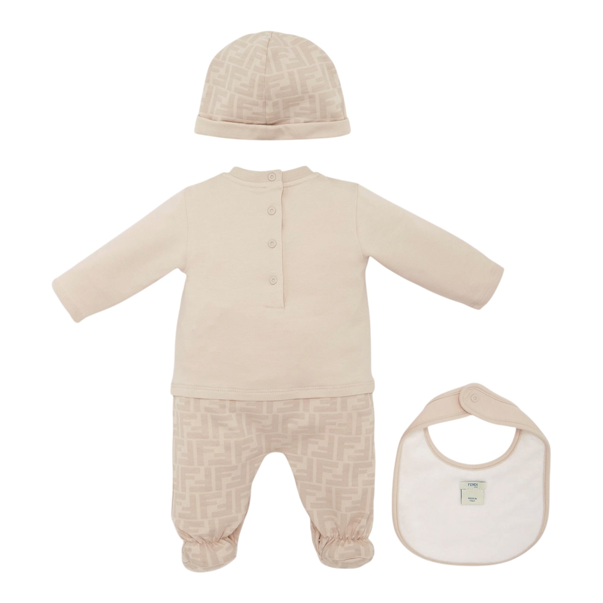 Set tutina, cappellino e bavaglino beige con logo Fendi