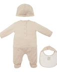 Set tutina, cappellino e bavaglino beige con logo Fendi