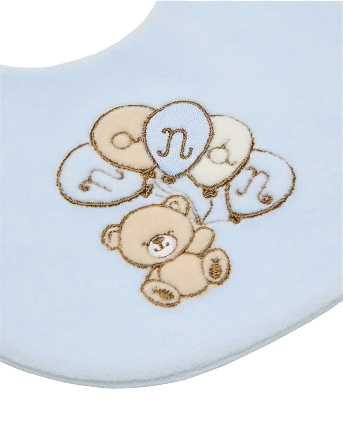 Bavaglino in ciniglia azzurro e logo Nanan con palloncini