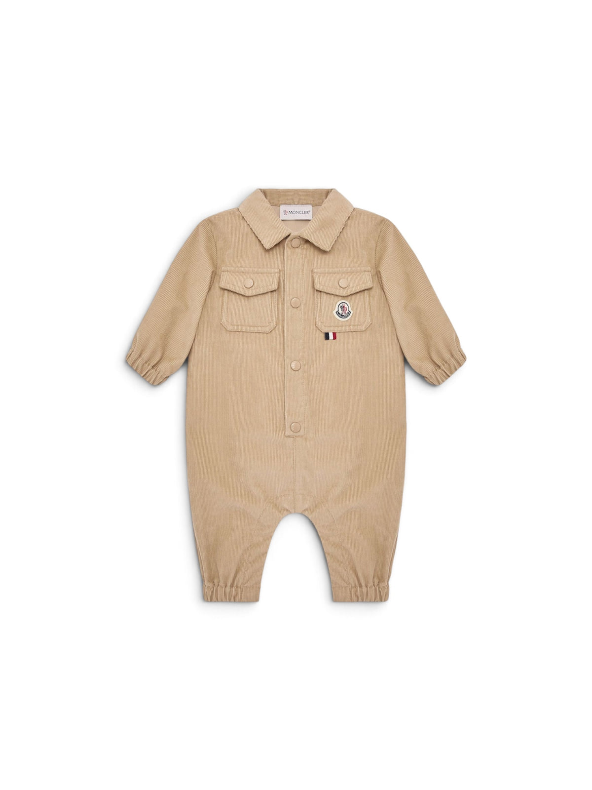Tutina in velluto beige con dettaglio logo Moncler cucito frontale