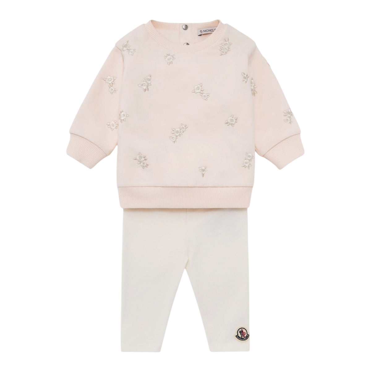 Completo felpa rosa e leggings bianco con ricami e patch logo Moncler
